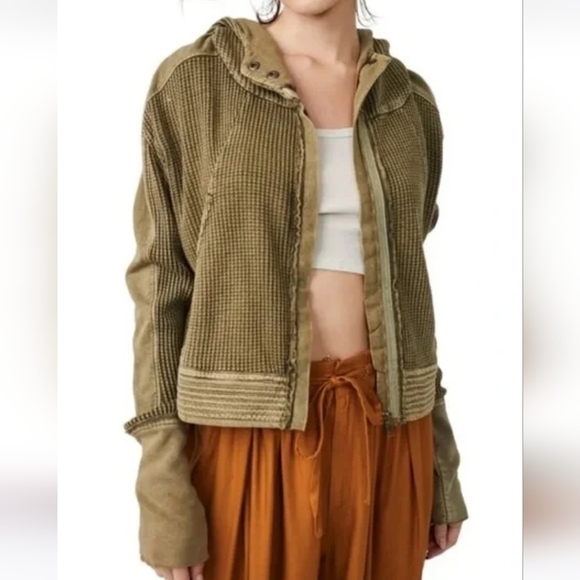 Free People Jackets & Blazers - Free People One Mason Hoodie Jacket Army Green Waffle Knit Small